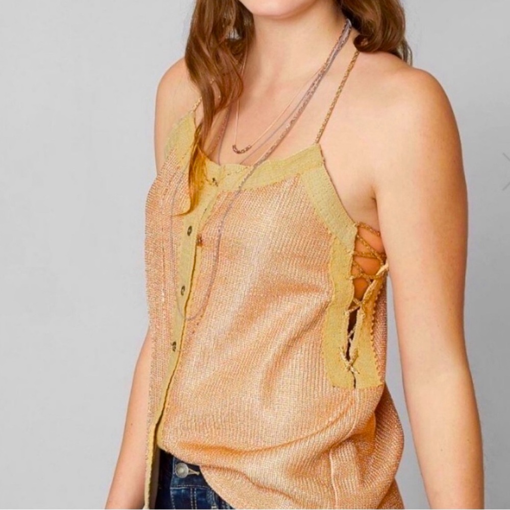 Gimmicks Gold  Lurex sleeveless side lace up Tank Top Sz XS